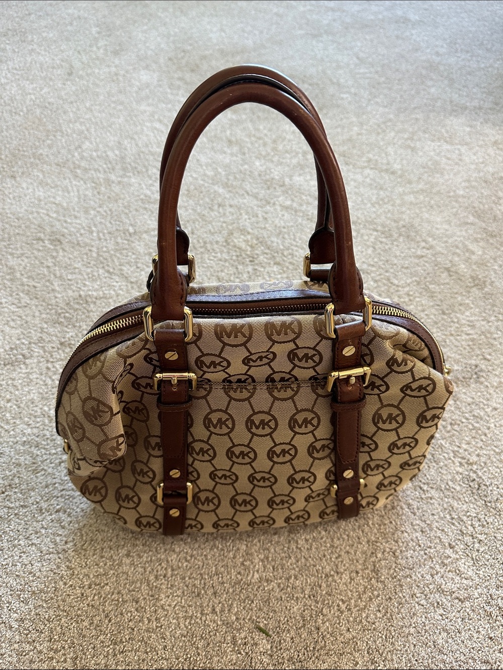 Michael Kors Beige and Brown MK Logo Satchel Bedford bowling style